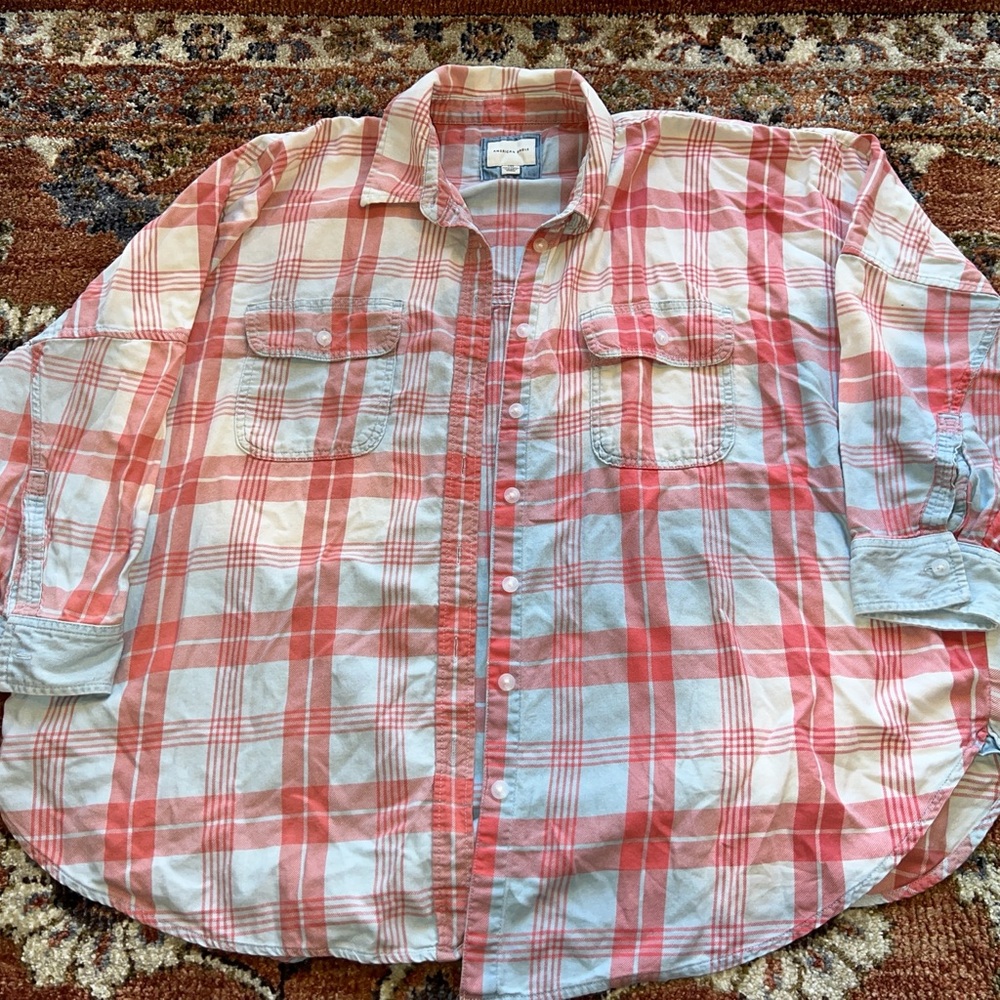 American Eagle Outfitters Red, White, and Blue Oversized Plaid Shirt